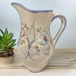 Hand Painted In Portugal Pastel Floral‎ PITCHER 8.5" Ceramic Periwinkle Floral